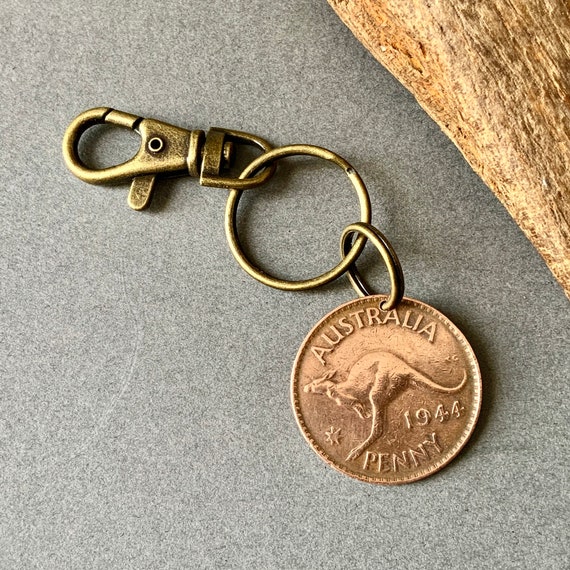 80th birthday gift, 1944 Australian penny keychain or clip, Aussie retirement, kangaroo keyring, Australia present for a man or woman