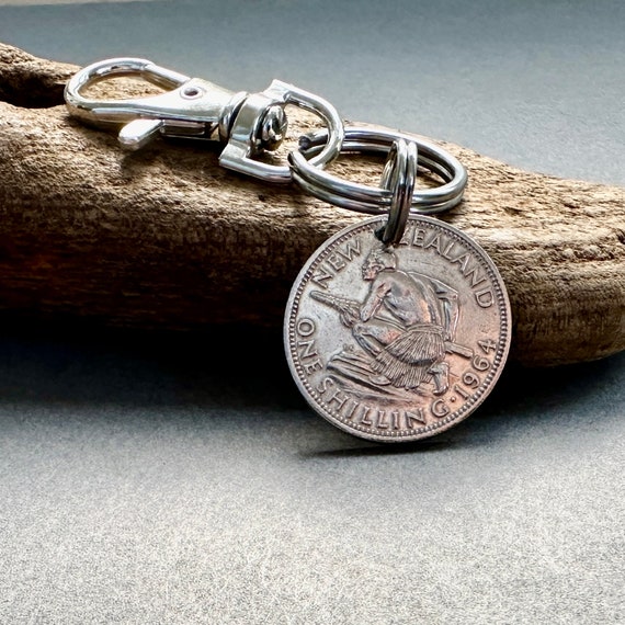 1964 New Zealand shilling clip style key ring a perfect for a 60th birthday or anniversary gift