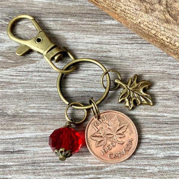 Canada coin keyring, choose coin year, maple leaf keychain 1940 - 1952 Canadian penny bag clip, birthday gift present for her, woman