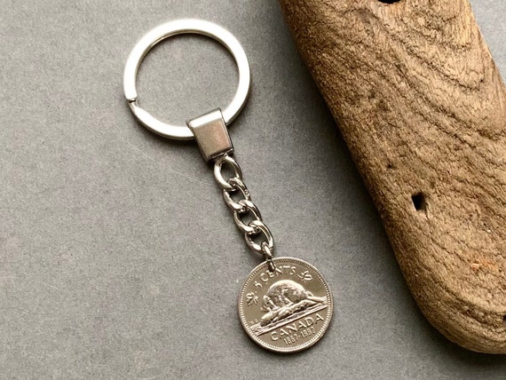 1992 Canadian beaver nickel keychain, Canada five cent keyring, 32nd birthday or  anniversary present for a man or woman