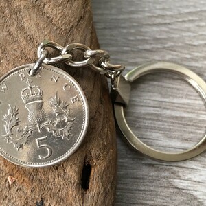 1971 British five pence coin keychain, Scottish thistle keyring or clip, Scotland a perfect 54th birthday or anniversary gift