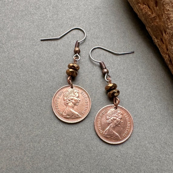 50th birthday gift, 1974 British coin dangle earrings, handmade using English half pennies, also great for a 50th anniversary gift