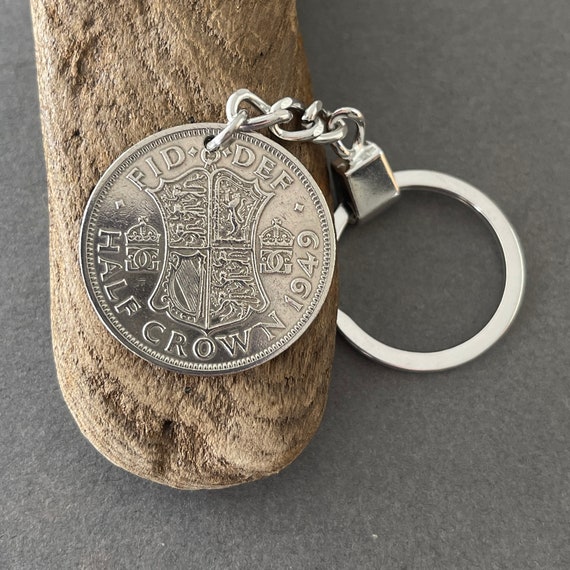 1949 British half crown coin keyring, keychain for a perfect 75th birthday gift or retirement present
