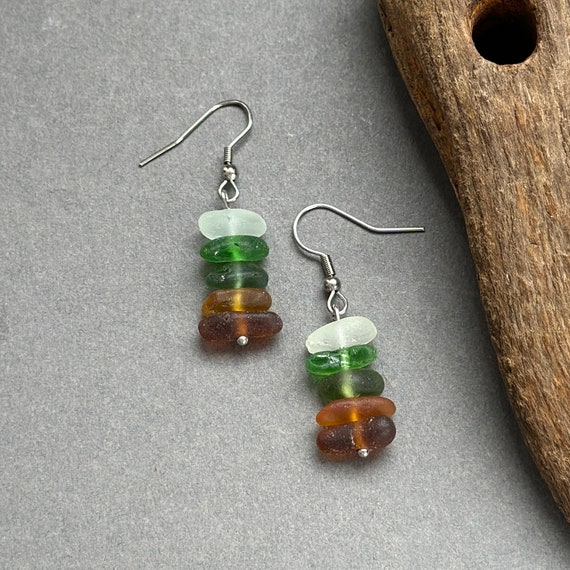 sea glass earrings, ombré green and brown beach glass, beach found recycled sea glass jewellery, hippie, boho, unusual gift for a woman