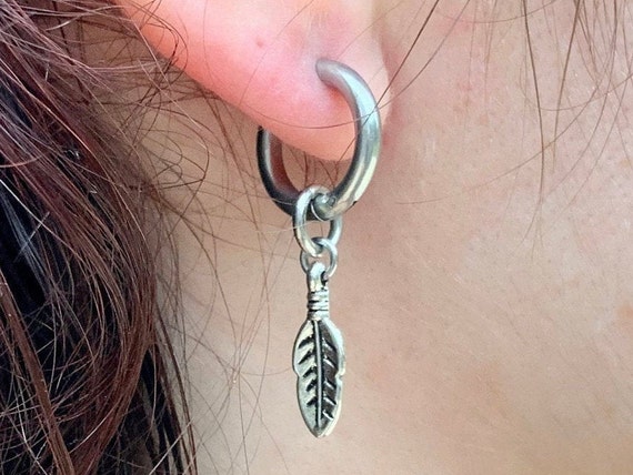 Thick hoop feather earring, available as a single earring or a pair of earrings, feather jewellery, boyfriend gift, girlfriend gift
