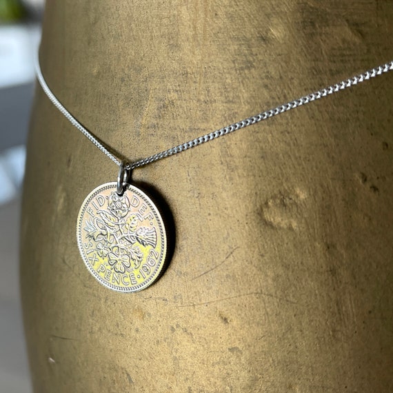 1962 silver Sixpence necklace on a sterling silver curb chain, 62nd birthday or anniversary gift