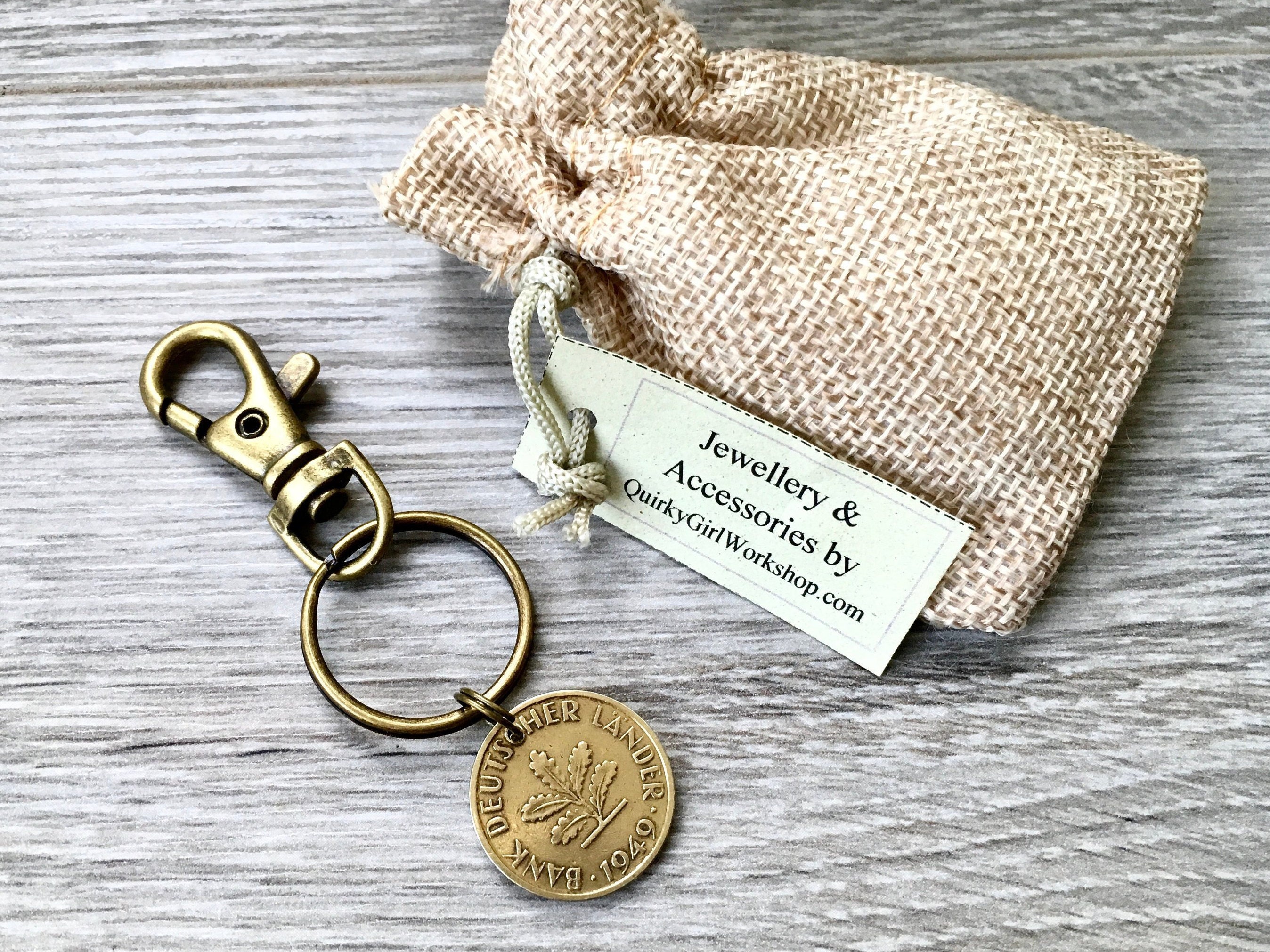 1949 or 1950 German coin keyring or clip, 10 pfennig keychain, germany 70th Birthday gift for a