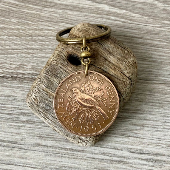 1951 New Zealand penny keyring, keychain or clip, genuine vintage NZ tui bird coin, 73rd birthday gift