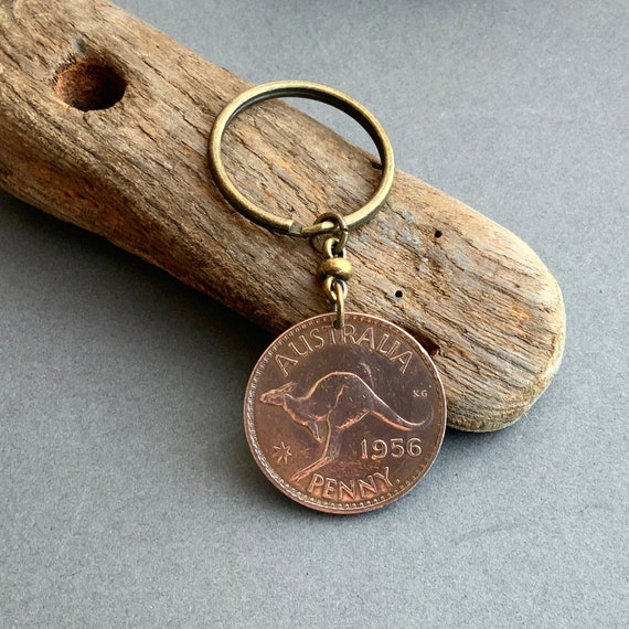 1956 Australian  penny keychain, 68th birthday gift, kangaroo keyring, retirement, anniversary gift, Aussie coin key fob,