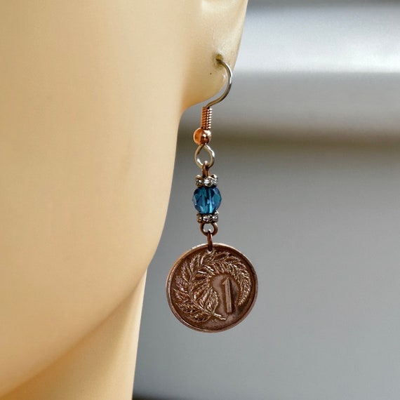1967 New Zealand coin earrings, NZ one cent coin Jewellery, pretty fern coin
