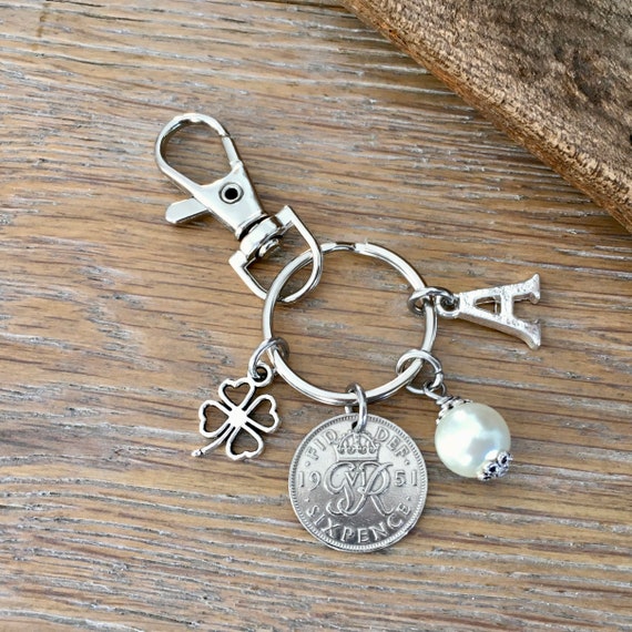 1951 sixpence charm clip bag clip, personalised gift, choose initial and birthstone colour, 73rd birthday gift for a woman