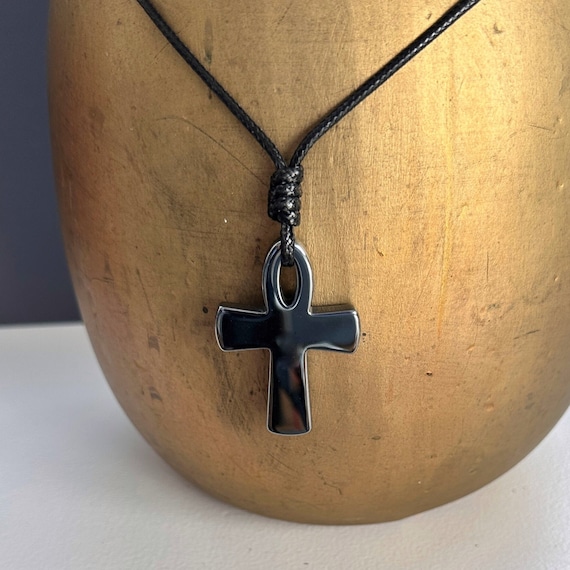 Ankh necklace on black Korean waxed polyester cord, adjustable long cross pendant, crux ansata, boho hematite Jewellery