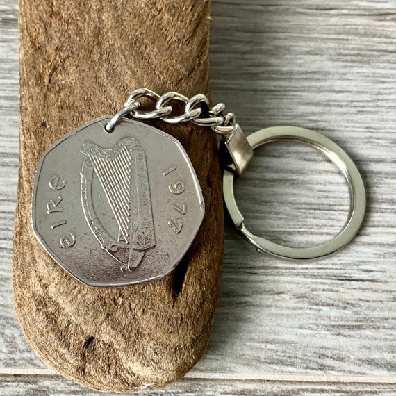 1977 Irish 50p coin keyring, keychain or clip, 7 sided coin from Ireland, 47th birthday or anniversary gift for a man or woman