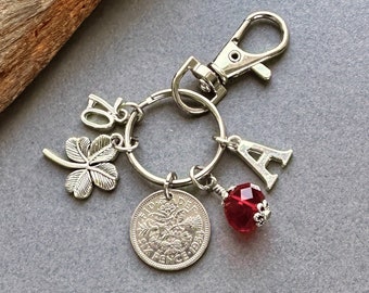 1954 sixpence charm, bag clip, personalised gift, choose initial and birthstone colour, 70th birthday in 2024