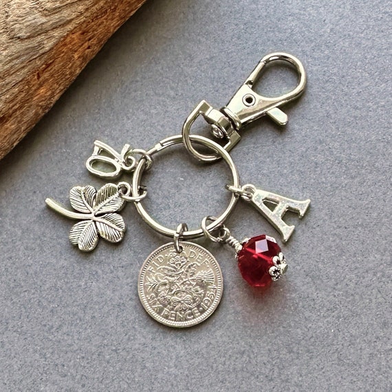 1954 sixpence charm, bag clip, personalised gift, choose initial and birthstone colour, 70th birthday in 2024