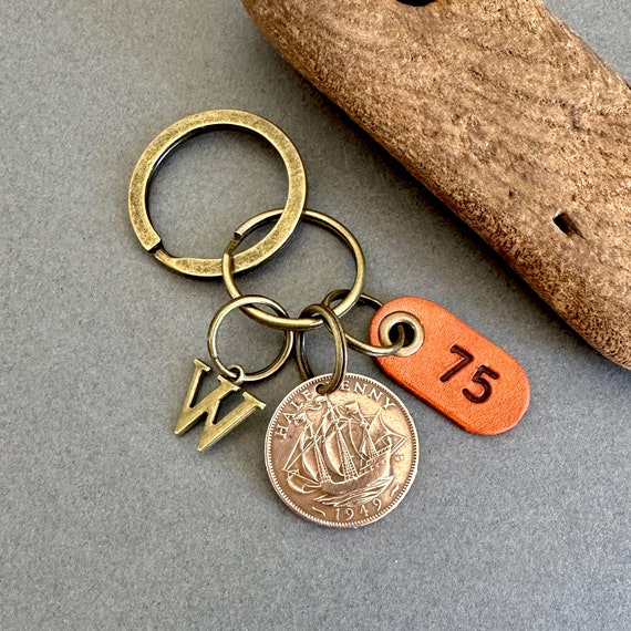 75th birthday gift, 1949 British half penny keychain, keyring or clip, a great gift for a 75th birthday in 2024