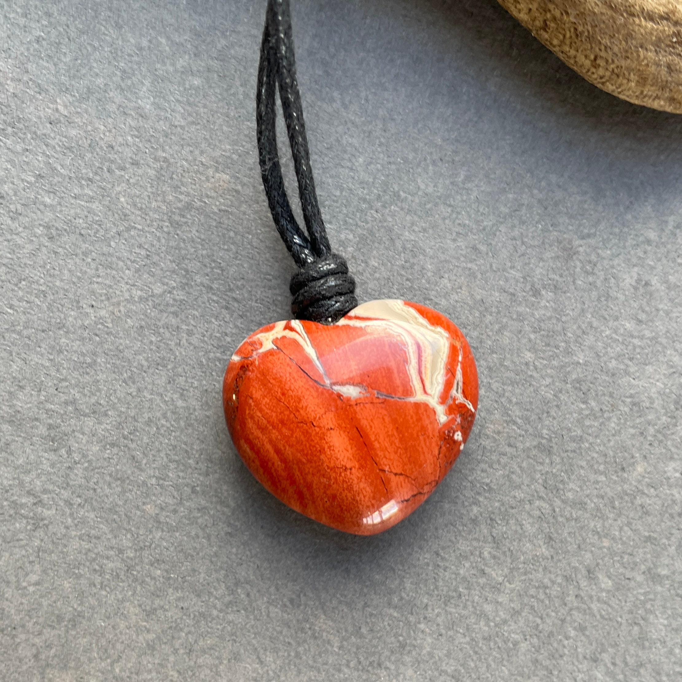 Red jasper heart pendant necklace on black waxed cotton cord simple boho hematite jewellery valentines gift wife girlfriend