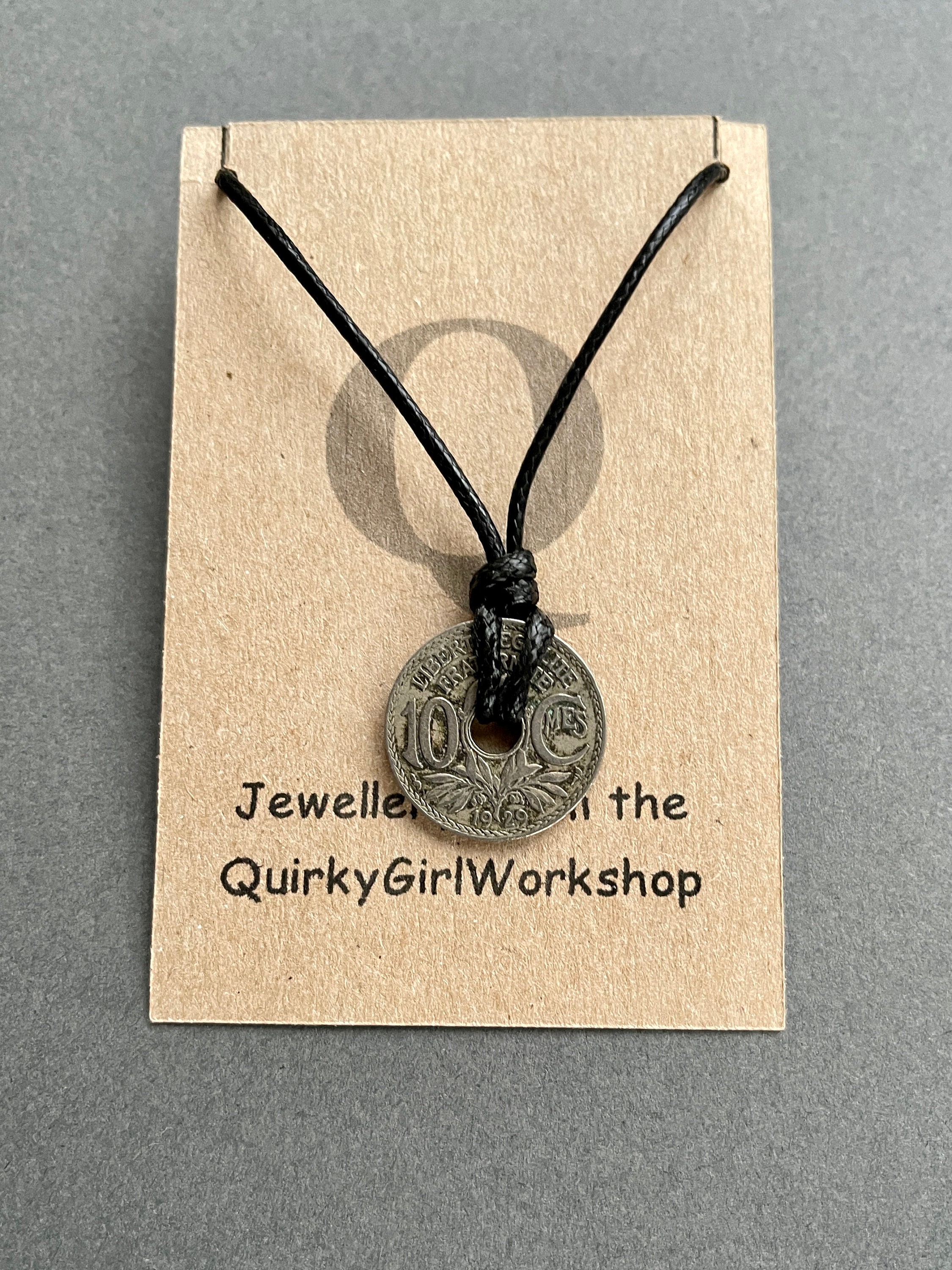 French 10 Centimes Coin Pendant Necklace - Adjustable Black Cord