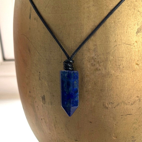 Lapis lazuli point adjustable necklace on a black cord, blue gemstone pendant