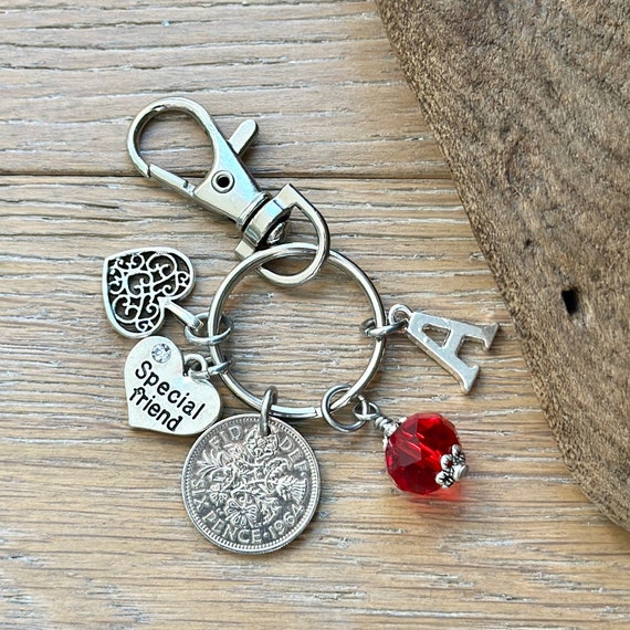 60th birthday gift for a special friend 1964 lucky sixpence charm bag clip, personalised gift, choose initial and birthstone colour