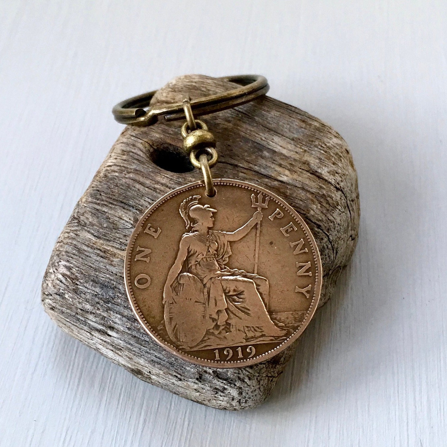 1919 English penny keyring, UK vintage 102 year old coin keychain