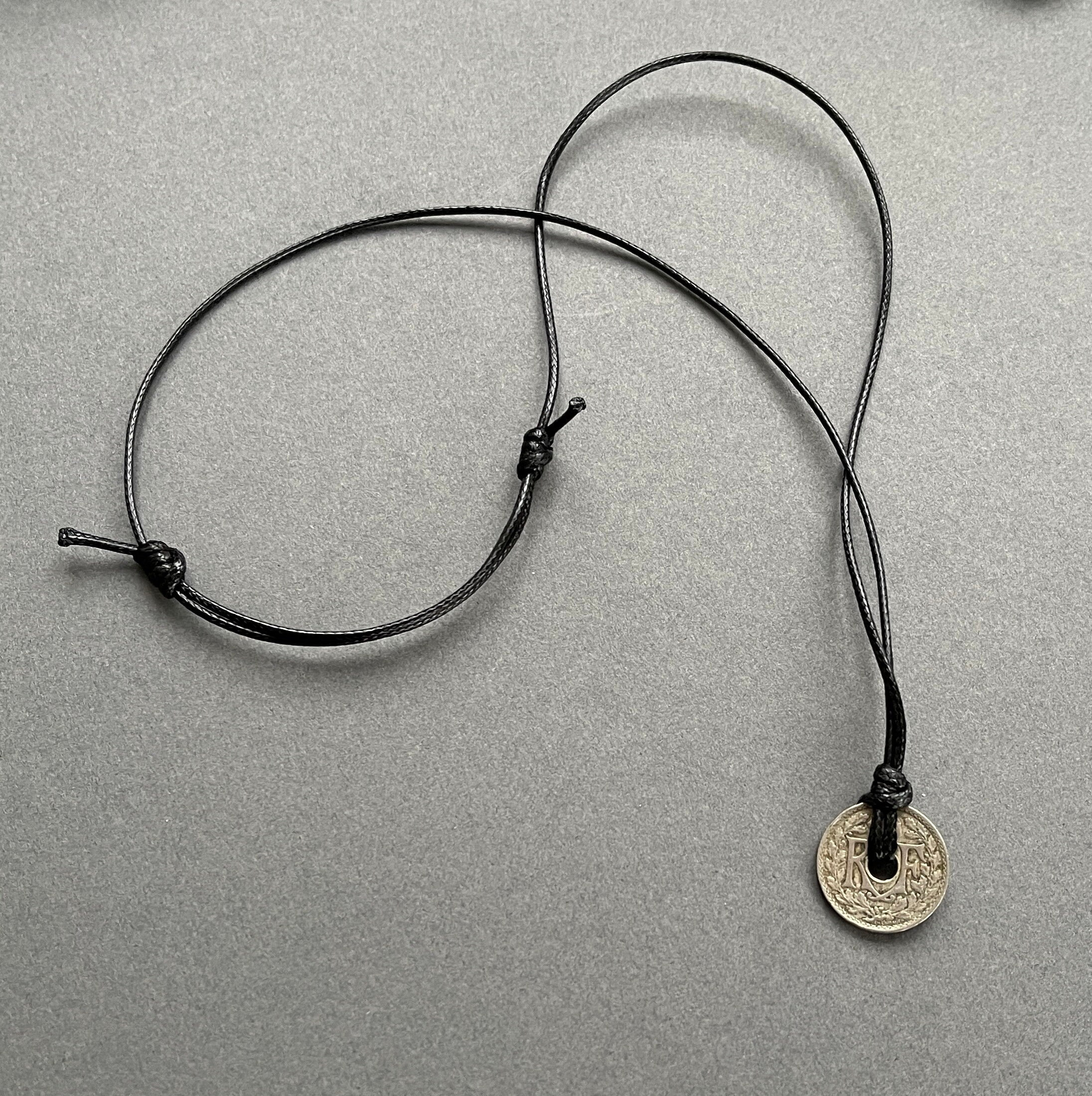 French 10 Centimes Coin Pendant Necklace - Adjustable Black Cord