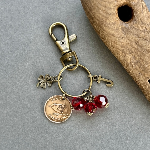 Farthing and ruby red charm bag clip, choose initial and coin year 1937 - 1951 birthday or anniversary gift, bird coin key ring