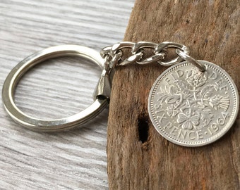 Sixpence keyring, lucky British coin keychain, choose coin year for a perfect birthday, anniversary, retirement or good luck gift