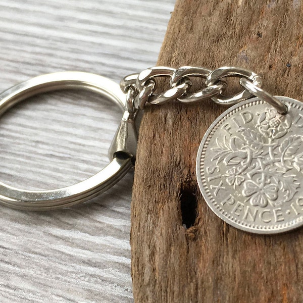Sixpence keyring, lucky British coin keychain, choose coin year for a perfect birthday, anniversary, retirement or good luck gift