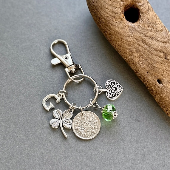 90th birthday gift, 1934 silver sixpence birthstone charm, bag clip, personalised gift choose initial and birthstone colour