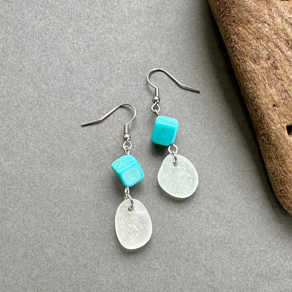 Natural sea glass, long dangle earrings, faux turquoise and beach glass earrings, sea glass jewellery, one of a kind, romantic gift
