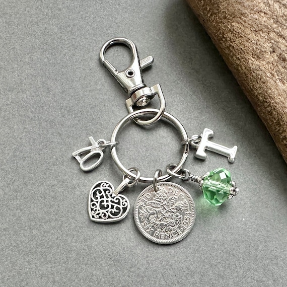 Personalised 70th birthday gift, 1954 lucky sixpence charm bag clip, choose initial and birthstone colour, nostalgic gift 70th in 2024