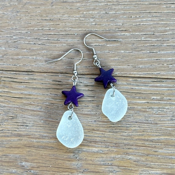 Sea glass and purple star earrings, boho beach jewelry, stainless steel ear wires, beach glass unusual romantic gift