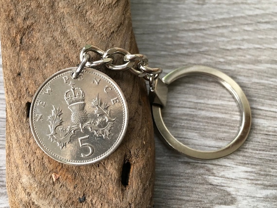 1969 Scottish thistle coin keyring, British five 5p pence coin key chain or clip, 55th Scotland birthday or anniversary gift