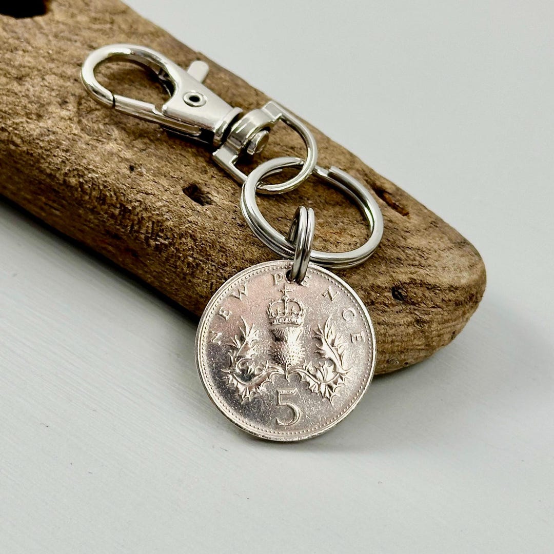 1977 British Five Pence Coin Keychain: Scottish Thistle Clip, 49th Gift ...