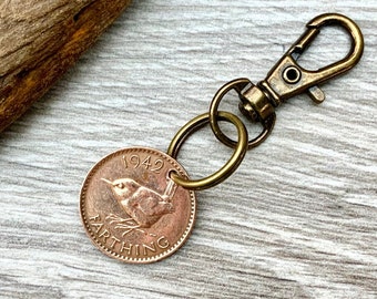 Wren Farthing keyring or clip, birthday gift, British bird coin keychain, retirement gift, 1937 - 1951 choose coin year