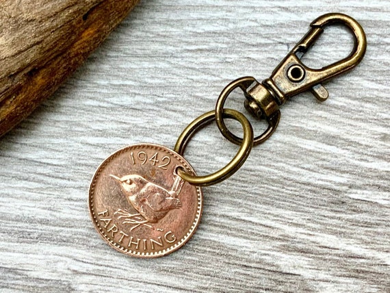 Wren Farthing keyring or clip, birthday gift, British bird coin keychain, retirement gift, 1937 - 1951 choose coin year