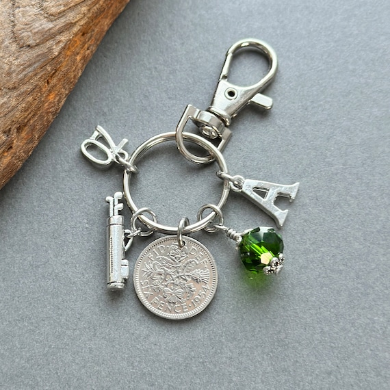 1954 sixpence golf charm or bag clip, choose initial and birthstone colour, 70th personalised birthday gift