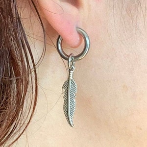 Single feather thick hoop earring also available as a pair of earrings, Boyfriend gift, girlfriend gift
