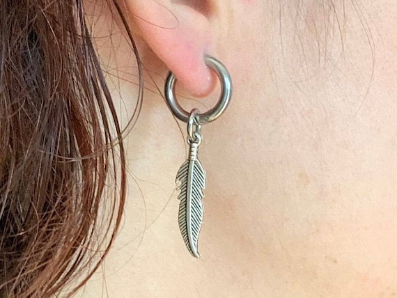 Single feather thick hoop earring also available as a pair of earrings, Boyfriend gift, girlfriend gift