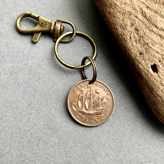 1953 UK halfpenny keychain or clip or keyring, The Golden Hind, 71st birthday gift, English ship coin