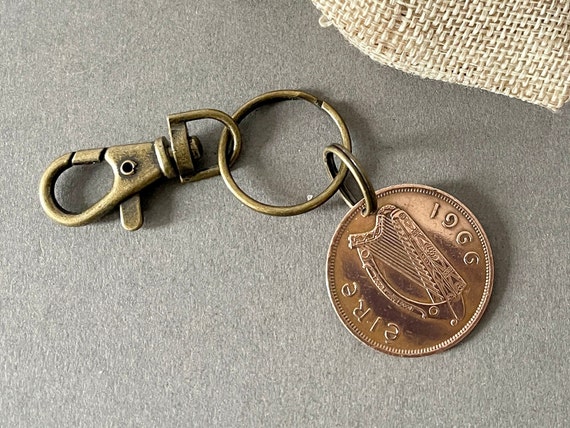 1966 Irish penny clip style keyring, a great gift idea for a 58th birthday or anniversary for someone with Irish roots