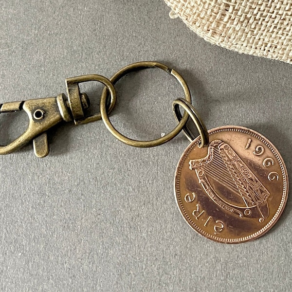 1966 Irish penny clip style keyring, a great gift idea for a 58th birthday or anniversary for someone with Irish roots
