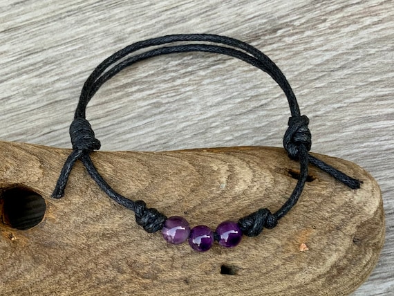 Amethyst bead knotted bracelet, simple adjustable jewellery for men or women, handmade for you with a cotton cord