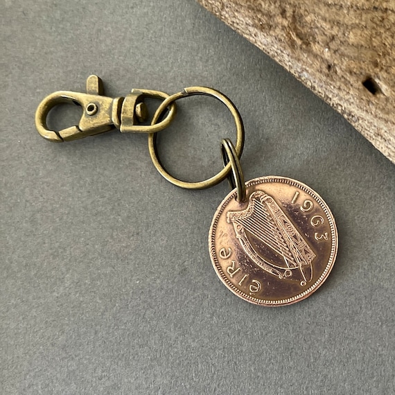 1963 Irish penny keyring clip, for a perfect 61st  birthday or anniversary gift, lucky bronze Irish penny