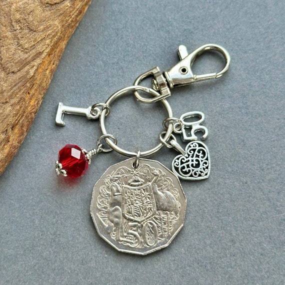 Australian 50th birthday gift, birthstone charm, 1974 50 cent coin charm or bag clip, choose initial and birthstone colour