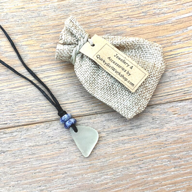 Natural sea glass pendant necklace, Cornish sea glass and blue calming gemstone necklace with a waxed cotton cord image 4