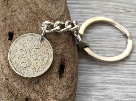 1958 sixpence keychain, british coin keyring, UK lucky charm, 66th birthday gift, retirement, anniversary, unique unusual good luck present