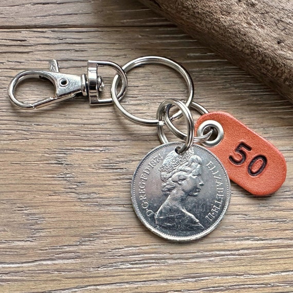 50th birthday gift, 1974 British ten pence coin keyring or clip, a perfect 50th anniversary gift