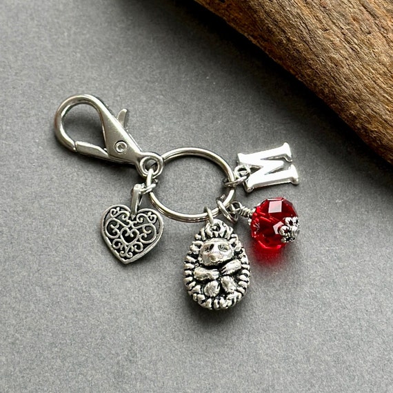 Hedgehog birthstone charm bag clip, choose initial and birthstone colour